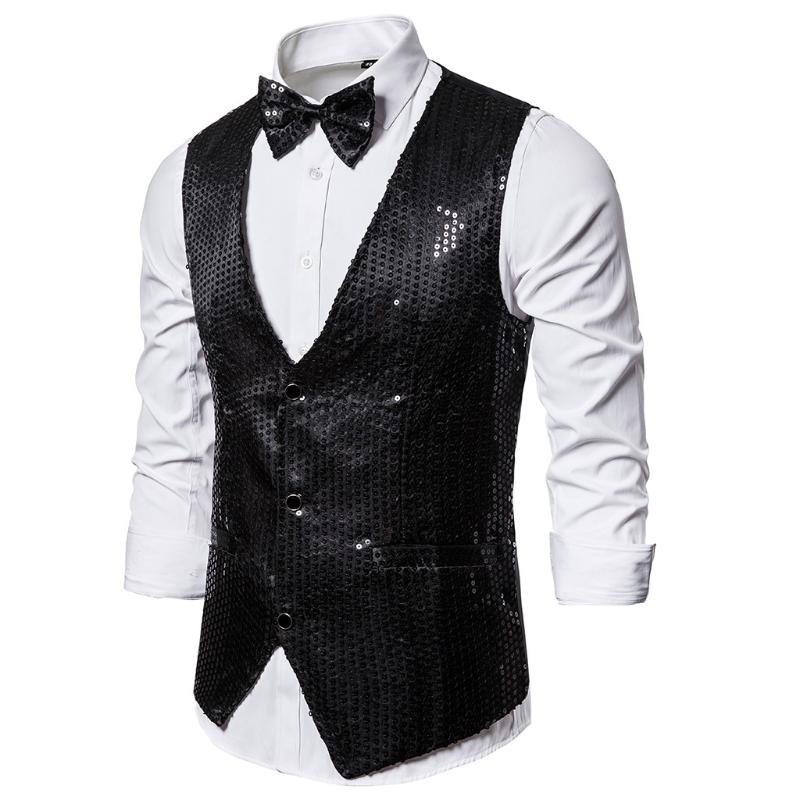 

Men' Vests Party Show Waistcoat Vest Fashion Men Sequins Pattern Glitter Male Evening Suits With Cravat, Black