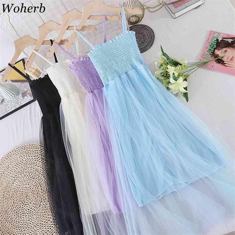 

Women Dress Summer Sexy Gauze Patchwork Spaghetti Strap Folds Dresses Korean Slim Vestidos Solid Sleeveless Robe 210519, Pink