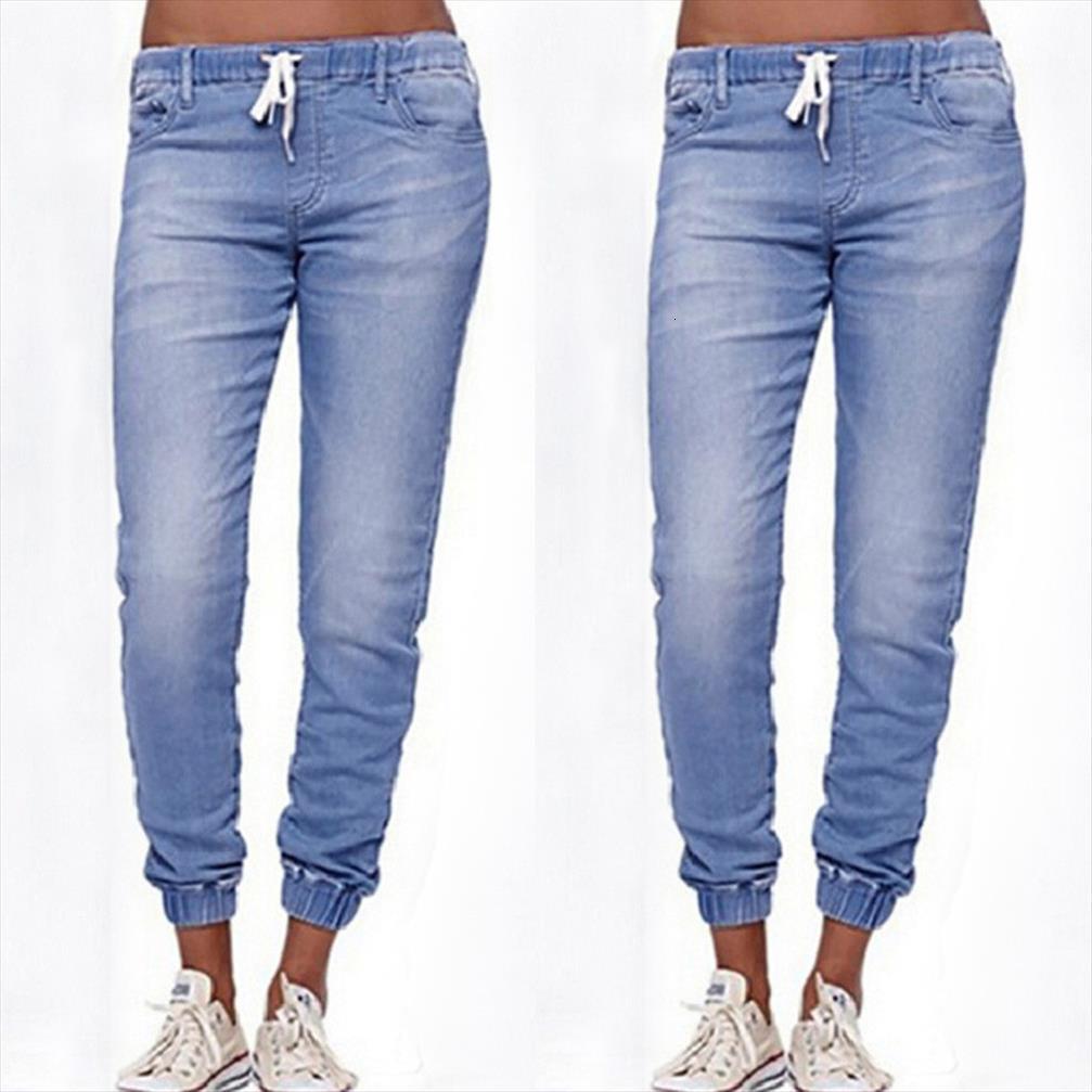 

solid elastic waist straight women jeans pencil pants denim trousers causal cropped clothing 5xl, Blue