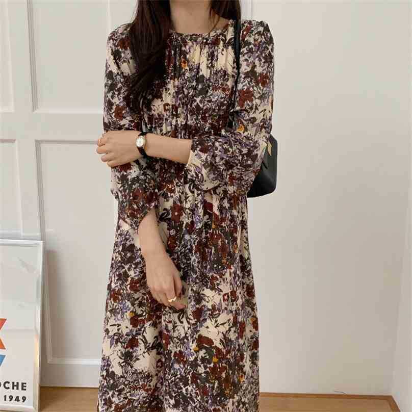

Retro Elegant Women Dresses O-Neck Floral Printing Chiffon Loose Long Sleeve Spring Mid-Calf Vestidos 210525, Photo color