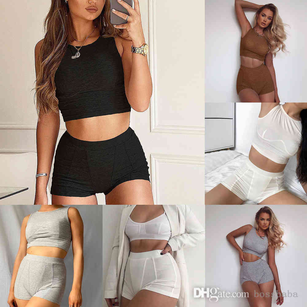 

Summer Women Tracksuits Designer Sexy 2 Piece Short Yoga Outfits Rib Line Splicing Vest Shorts Fashion Street Cool Casual TShirt Pants Suit, Brown