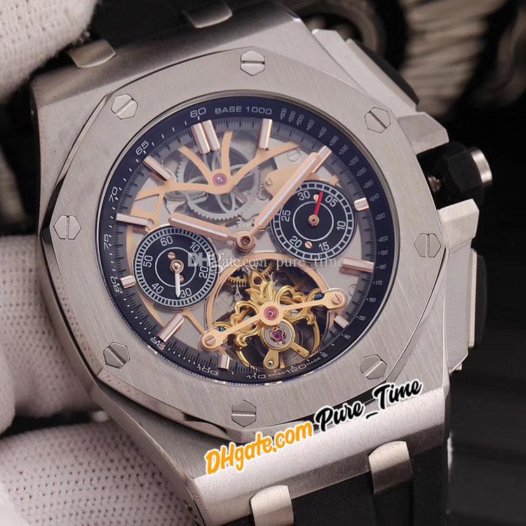 

New 44mm Skeleton Dial Tourbillon Automatic Mens Watch Black Inner Steel Case Rubber Strap Sapphire (No Chronograph) Gents Sport Watches pure_time B17C (5), Customized waterproof service