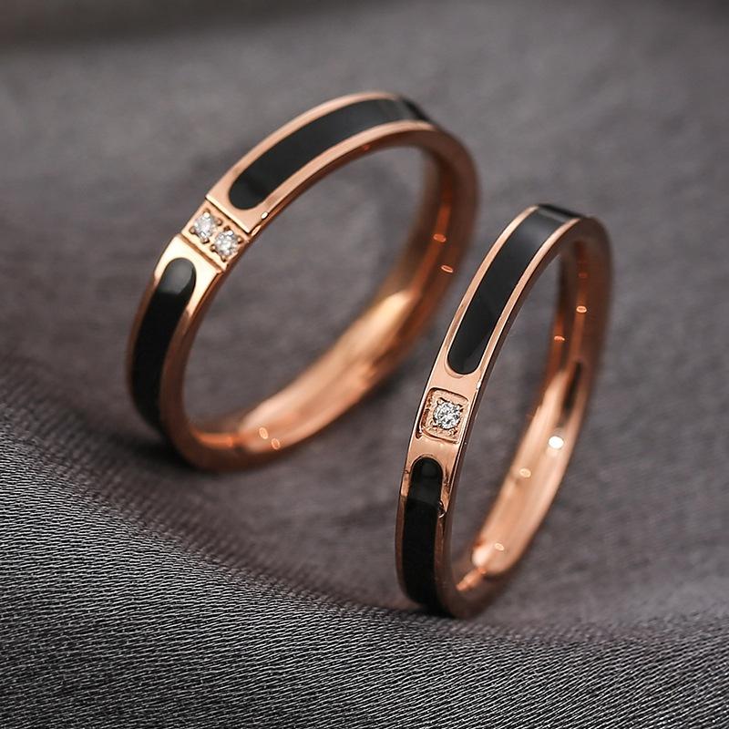 

Titanium Steel Ring, Black Glue Inlaid Diamond Couple Rose Golden Wedding Ring Rings