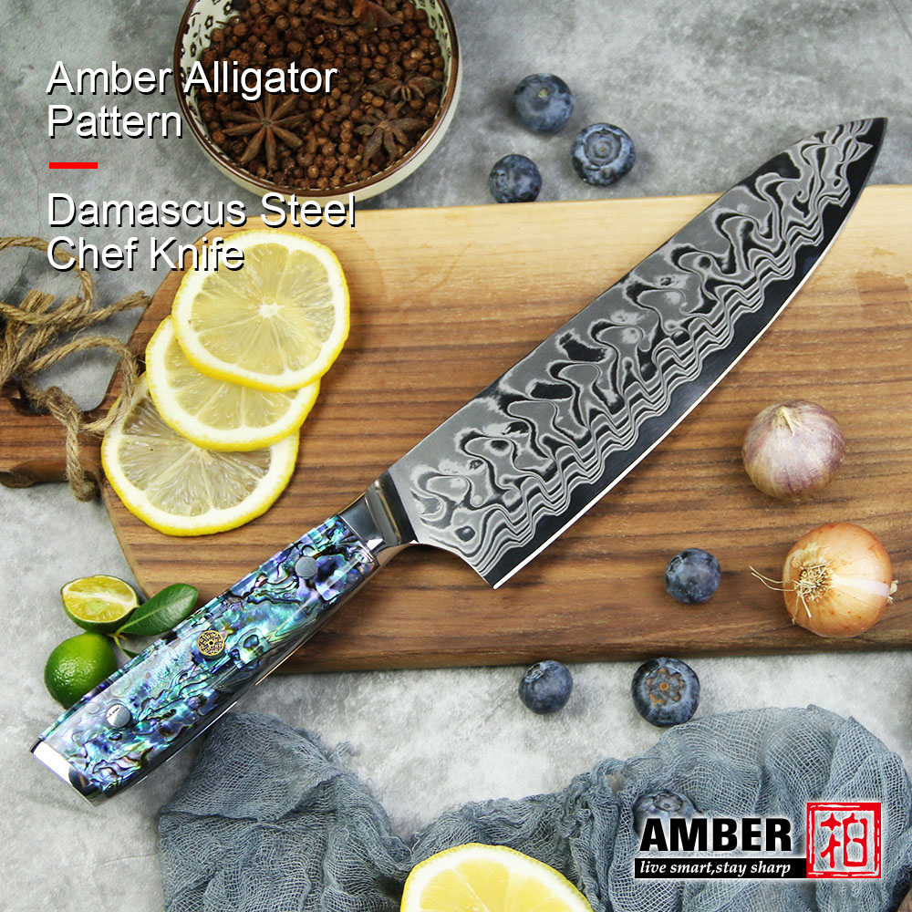 

Amber Aigator Pattern 37 ayers Damascus Stee AUS10V Core Kitchen Knife TAX