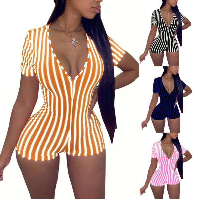 

Women' Jumpsuits & Rompers 2021 Sexy Women Deep V-neck Bodycon Jumpsuit Romper Sleepwear Short Sleeve Striped Summer Bodysuit Leotard, Black