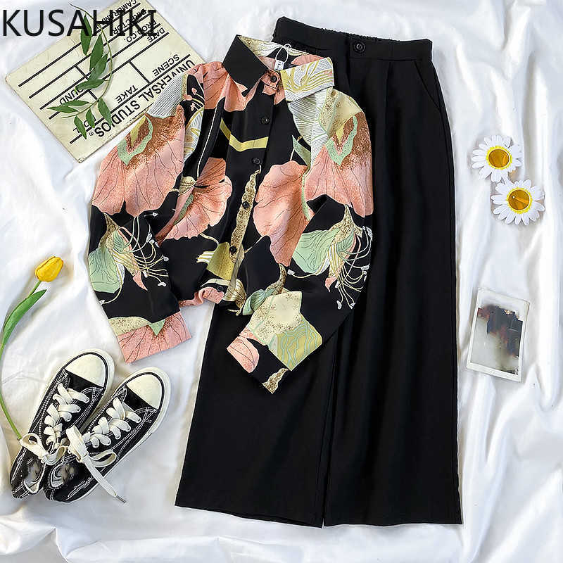 

Two Piece Set Women Korean Printing Long Sleeve Causal Blouse + High Waist Wide Leg Pants Spring Outfits 6F446 210603, Sets