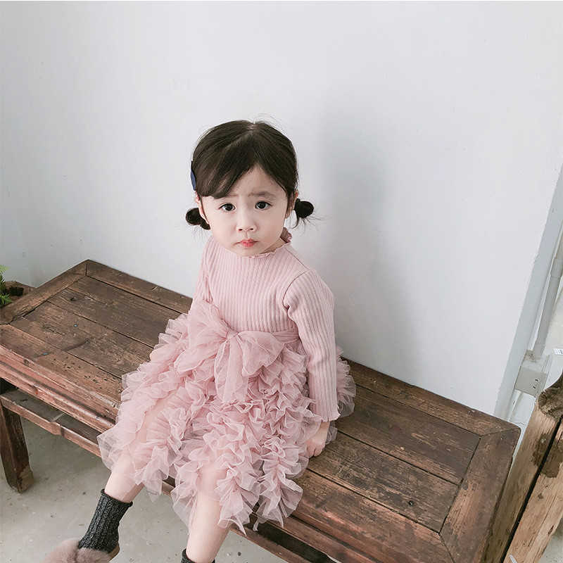 

Korean Style Spring Baby Girls Fake Two knitted Patchwork Layered Dress Toddler Kids Fashion Soft Princess Dresses Party 210615, Gray