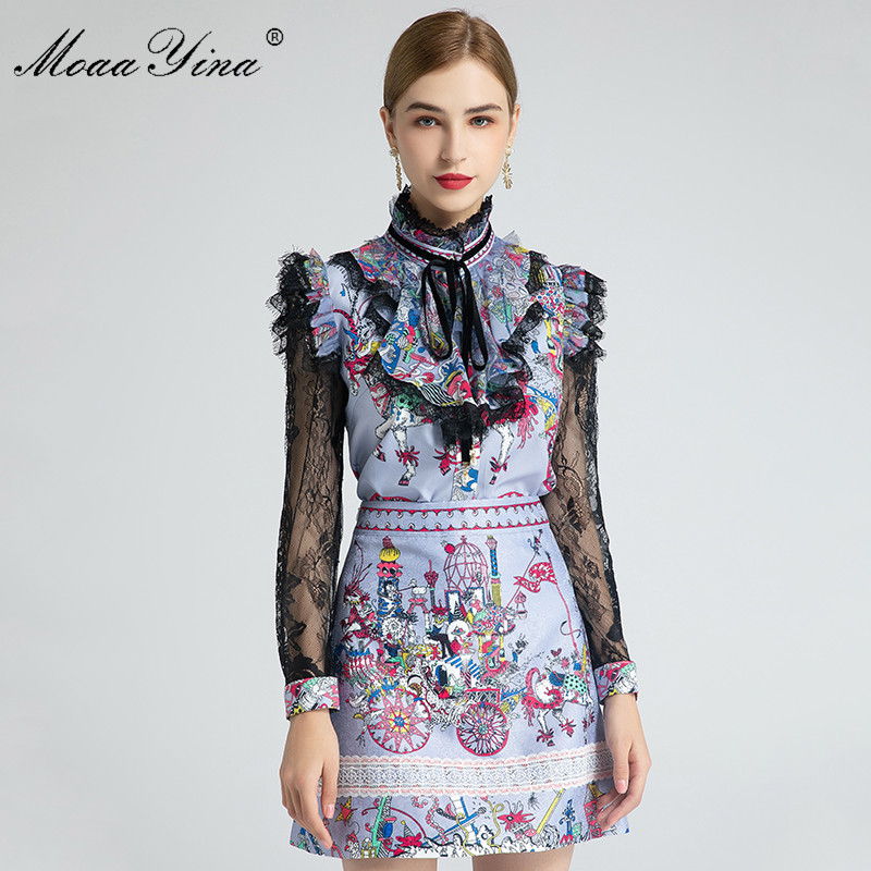 

Fashion Designer Set Spring Women's Stand collar Lace Long Sleeve Ruffles Tops+Circus Print Skirt Two-piece suit 210524, Multi
