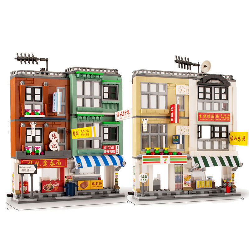 

2PCS SEMBO Street View Building Blocks Hong Kong Shop Bricks LED House Architecture DIY Toys For Children X0503