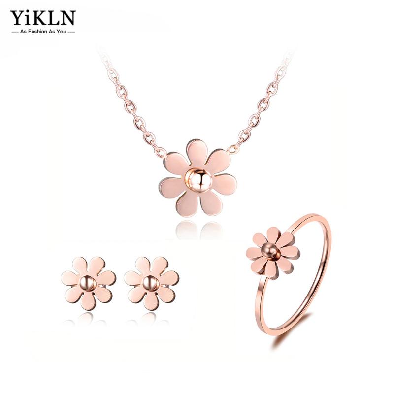 

Earrings & Necklace YiKLN Stainless Steel Dazzling Daisy Flower Choker Neckalce Rings Jewelry Sets Rose Gold Lovely For Women YSE003, Silver