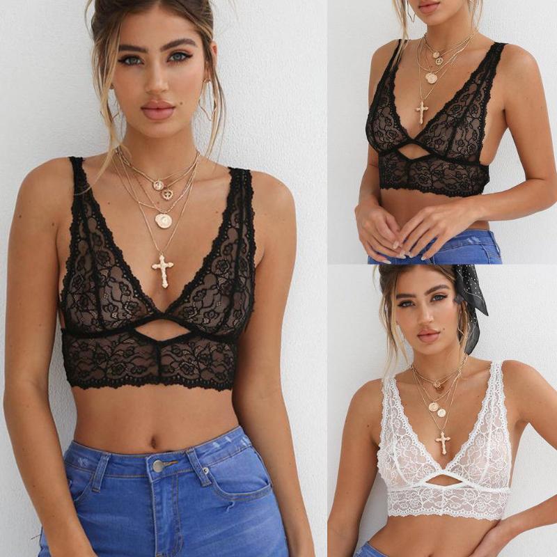 

Bras 2021 Women Black See-Through Lace Bralette Bralet Bra Bustier Crop Top White Deep V Neck Tank Tops