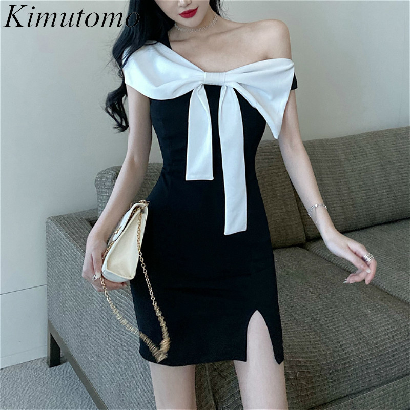 

Kimutomo Elegant Bow Slash Neck Mini Dress Women Summer Off Shoulder High Waist Split Bodycon Korean Dress Fashion 210521, Black