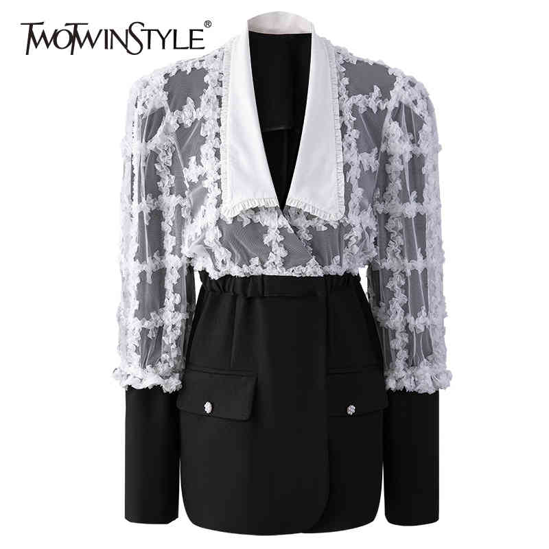

Casual Patchwork Lace Blazer For Women Peter Pan Collar Long Sleeve Hit Color Loose Blazers Females Spring 210524, Aspicture