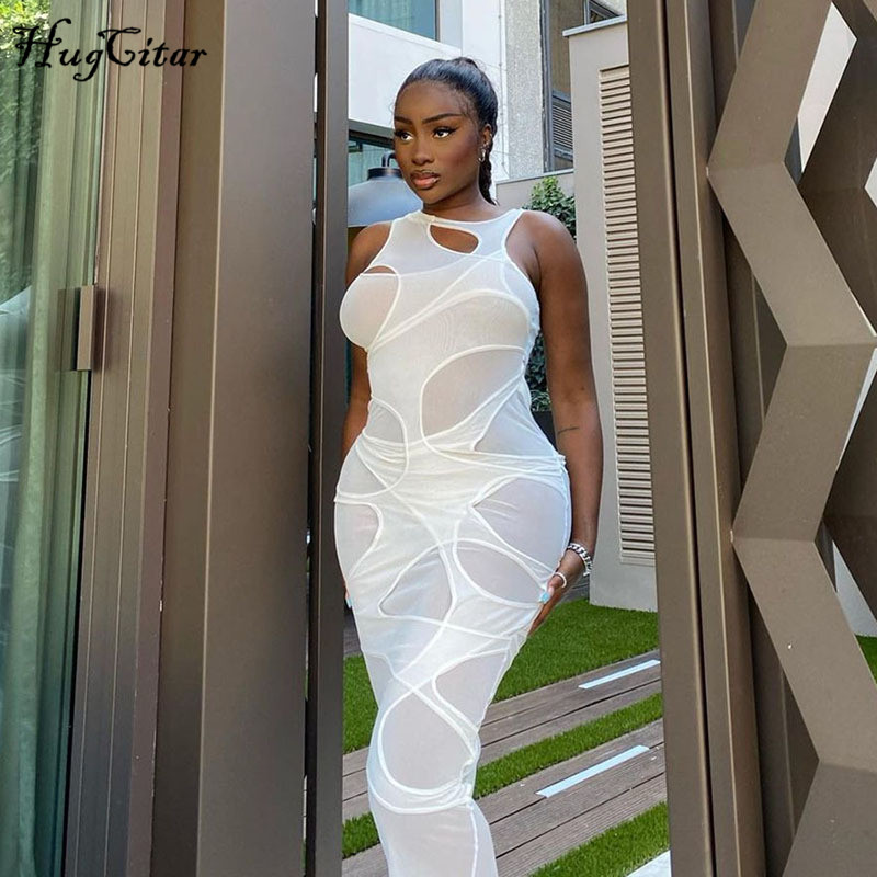 

Hugcitar 2021 Sleeveless O-Neck Solid Patchwork Mesh Maxi Dress Autumn Winter Women Fashion Sexy Party Club Elegant Clthings, White
