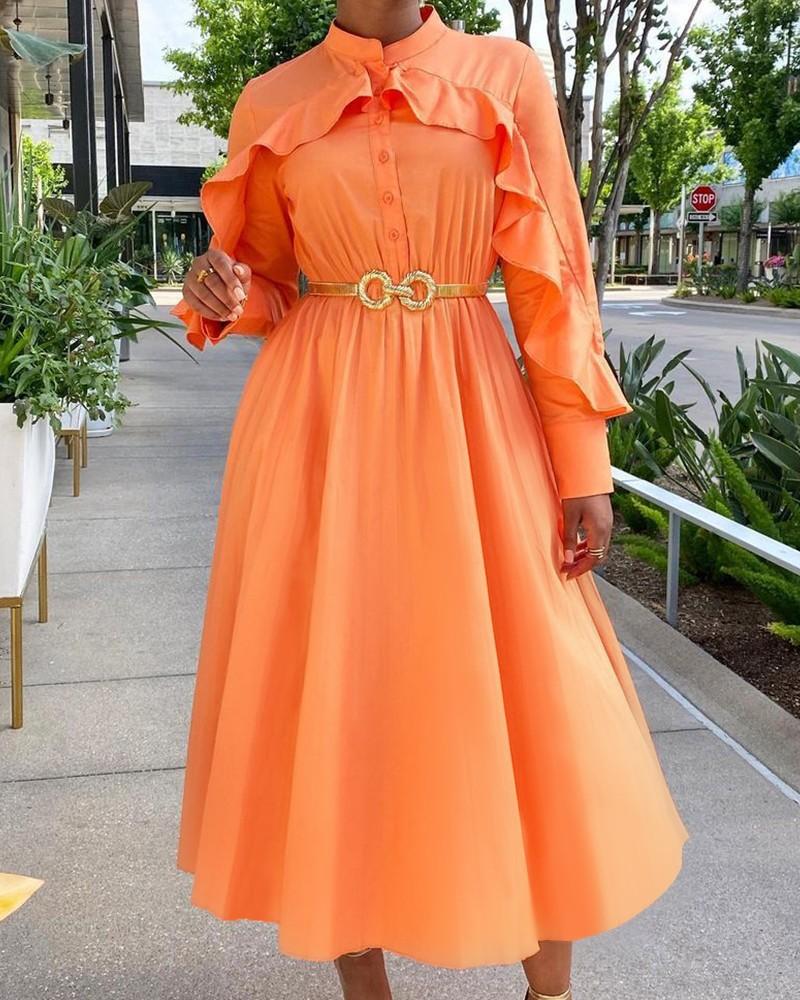 

Casual Dresses Ruffle Hem Button Front Long Sleeve Dress