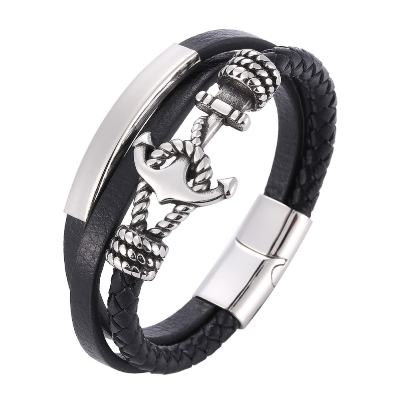 

Men Style Antique Silver Plated Stainless Steel Anchor Charm Leather Bracelet with Magnetic Buckle