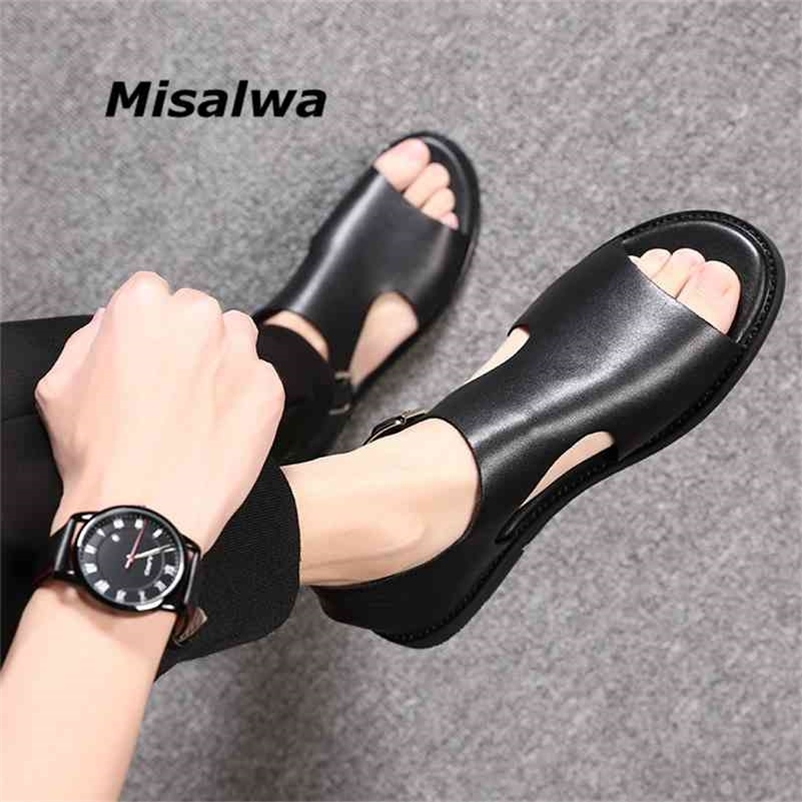 

Misalwa Wide Bandage Cow Split Leather Men Sandals Flat Men Summer Shoes Daily Men Korean British High Top ROMAN SANDALS Buckle 210701, 6099