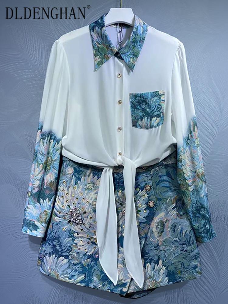 

Women's Tracksuits DLDENGHAN Runway Designer Spring Suit Women Long Sleeve Single Breasted Tops + Crystal Beading Shorts Skirts Two Pieces S, Gray