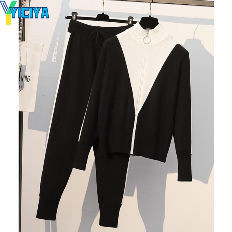 

Women's Two Piece Pants YICIYA Winter Zipper Cardigans Knitted Vest 2 Suit Tracksuit Clothes Set Women Female Y2k Met, Black