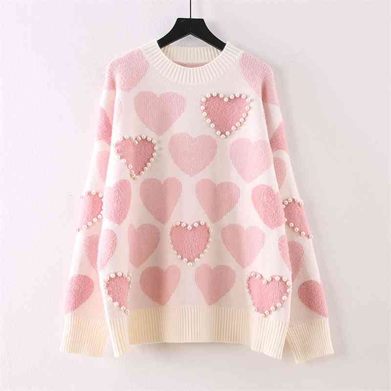 

Arrival Autumn Beaded Heart Shape Long Sleeve Sweater Pullovers Women' O-Neck Loose Knitted Tops Jumper 210520, Photo color