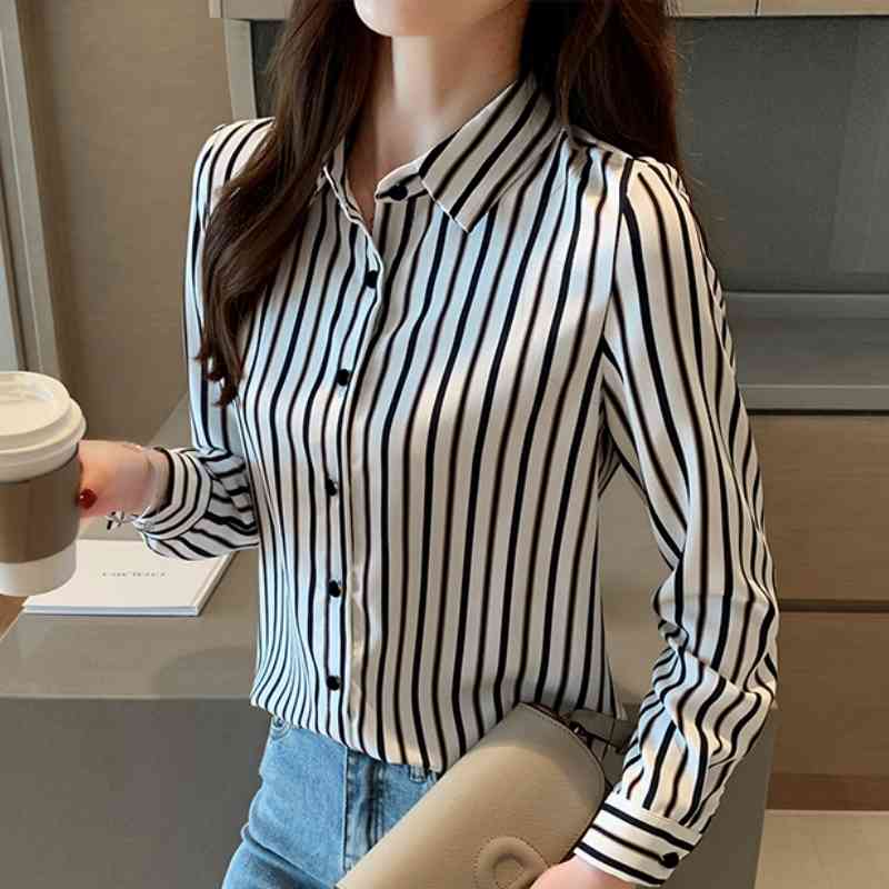 

Fashion Blouses Woman Turn Down Collar Office Ladies Tops Striped Chiffon Blouse Long Sleeve Women Shirts Top Female B833 210602