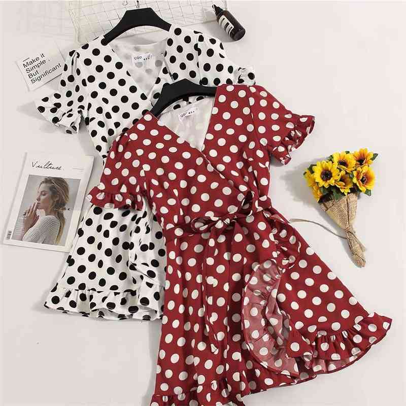 

Casual Dresses Vintage Summer Ladies Chiffon A-line Dot Half Flare Sleeves Drawstring Bowknot Women Leisure Ruffles 0B7R, Wine