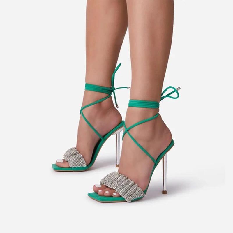 

Dress Shoes Open Toe Ankle Strap Ladies Party Slippers Plus Size Sandals Cross Pointed Stiletto Heels, Green