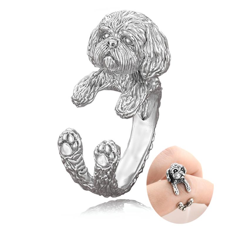 

Cluster Rings Vintage Silver Color Boho Cute Shih Tzu & Lhasa Apso Dog Puppies Shape Wrap Ring For Women Girl Kids Gift Pet Lover Jewelry