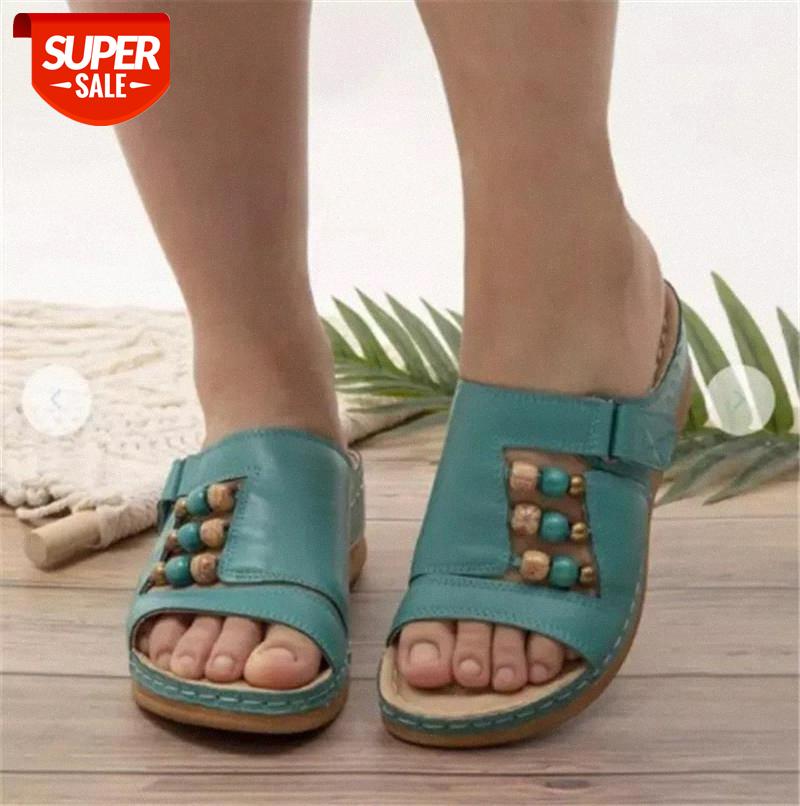 Été 2021 Femmes Sandales Ouvertes Ouvertes Vintage antidérapant Velcro Velcro Wedges Slipper Mode String Chaussures de perles # Vb9e