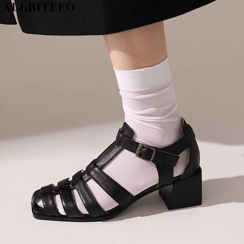 

ALLBITEFO summer genuine leather thick heels women sandals brand high heels women shoes women heels shoes des sandales 210611, As picture
