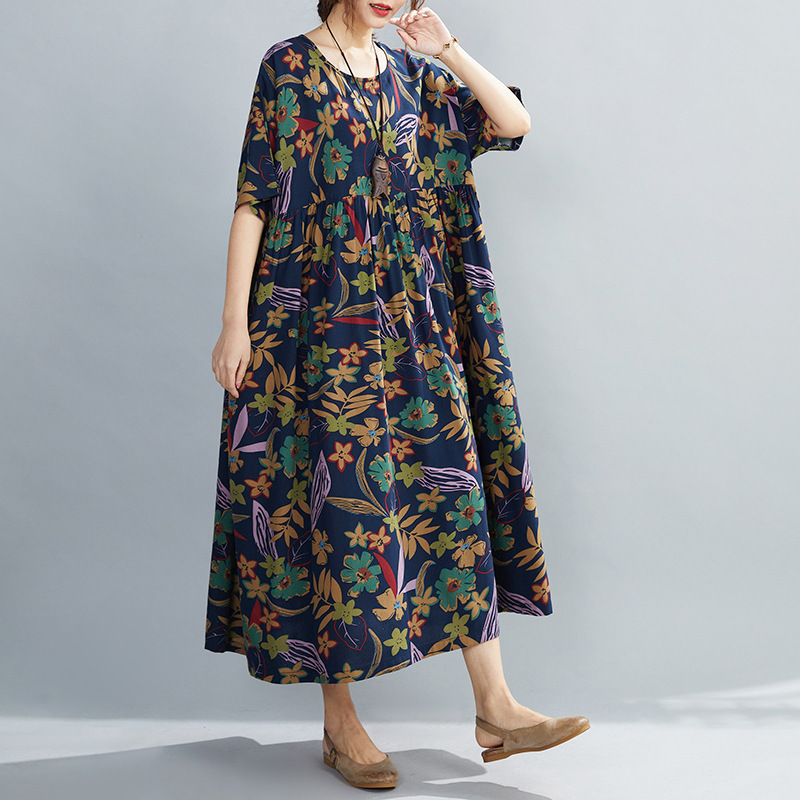 

Johnature Vintage Casual Print Ankle-length Summer Dresses Plus size O-Neck Short Sleeve Loose Women Dresses 210521, Blue