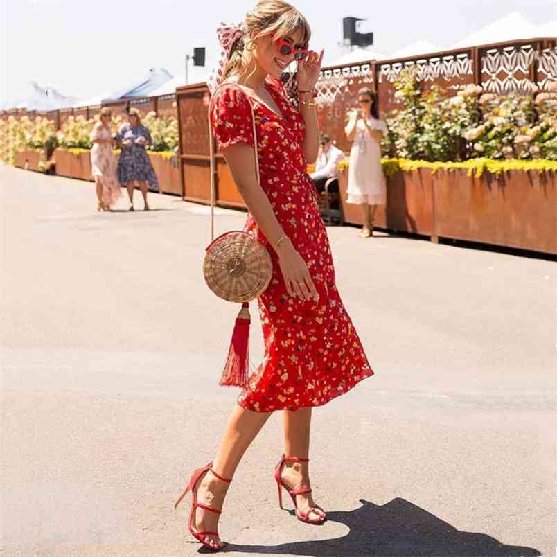 

Long Dress Red Ladies Puff Sleeve Floral Wrap V Neck Summer Korean Fashion Print Slit Clothes For Women Elegant 210517, Lavender
