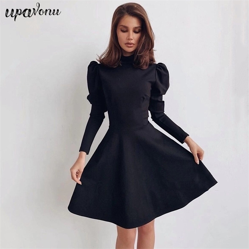 

Free Spring Women' A-line Dress Elegant High Neck Bubble Long Sleeve Waist Club Party Vestidos 210524, Red
