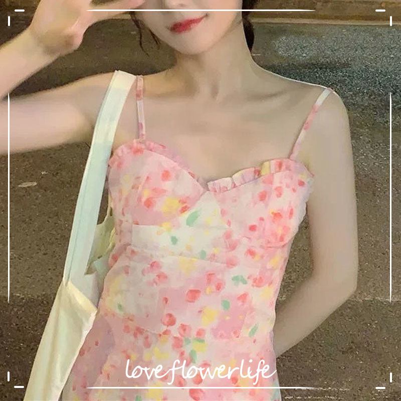 

Summer Dress Women Elegant Vintage High Waist Floral Camisole Dress Beach Evening Party Kawaii Sexy Dress Korea 210521, Mixed