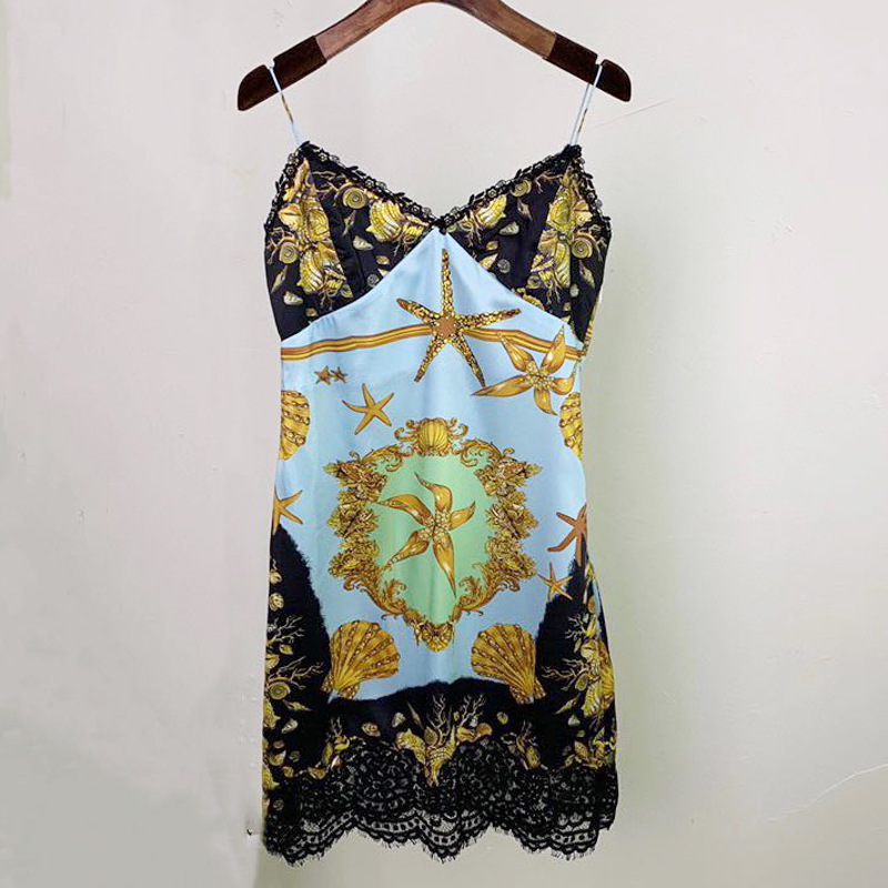 

Baroque starfish print lace stitching strap dress, As picture