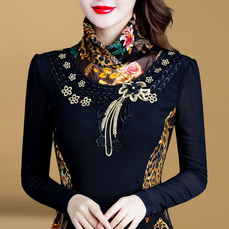

Plus Thickened High Neck Warm Lace Bottoming Shirt Women New Mesh Long Sleeve Top Autumn Winter 2021 Embroidery Flora Blouses, Thin