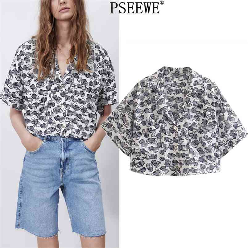 

Summer Printed Crop Top Women Shirts Fashion Pockets Button Up Beach Shirt Female Casual Streetwear Woman Blouses 210519, Print