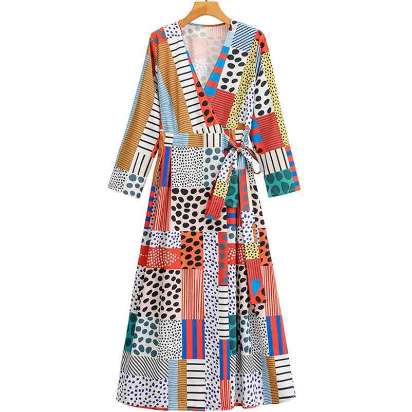 

Summer Women Sexy Dress Deep V-neck Colourful Female Long Sleeve Casual Pleated Dresses with belt 210524, Multi