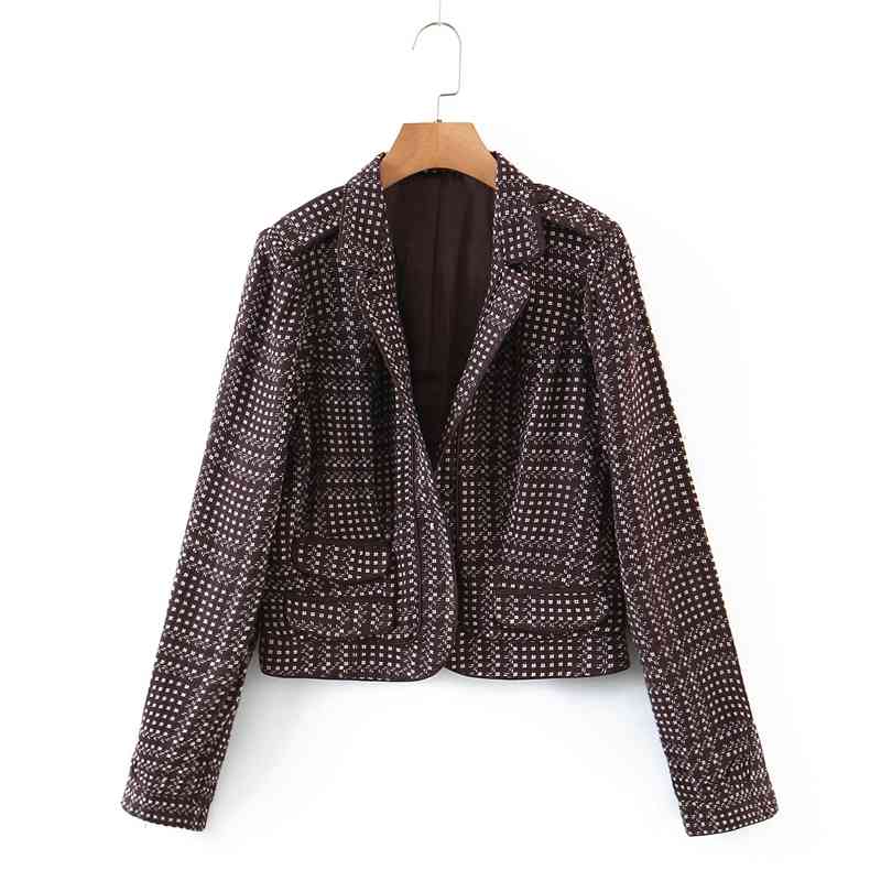 

Spring Autumn Slim Knit Jacket Women Turn Down Collar Streetwear Coat Vintage Retro Outwear For Lady 210525, Brown