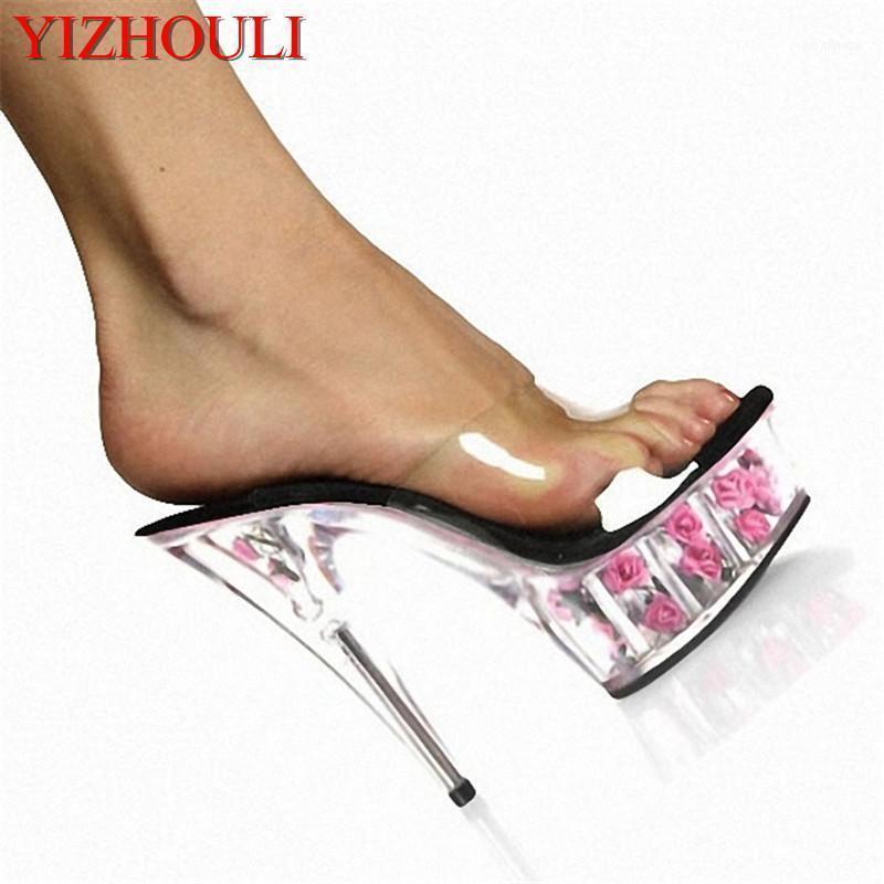 

Slippers Fashion High-Heeled Shoes 15cm Thin Heels Rose Formal Dress Sandals 6 Inch Sexy Flower Crystal1, 01