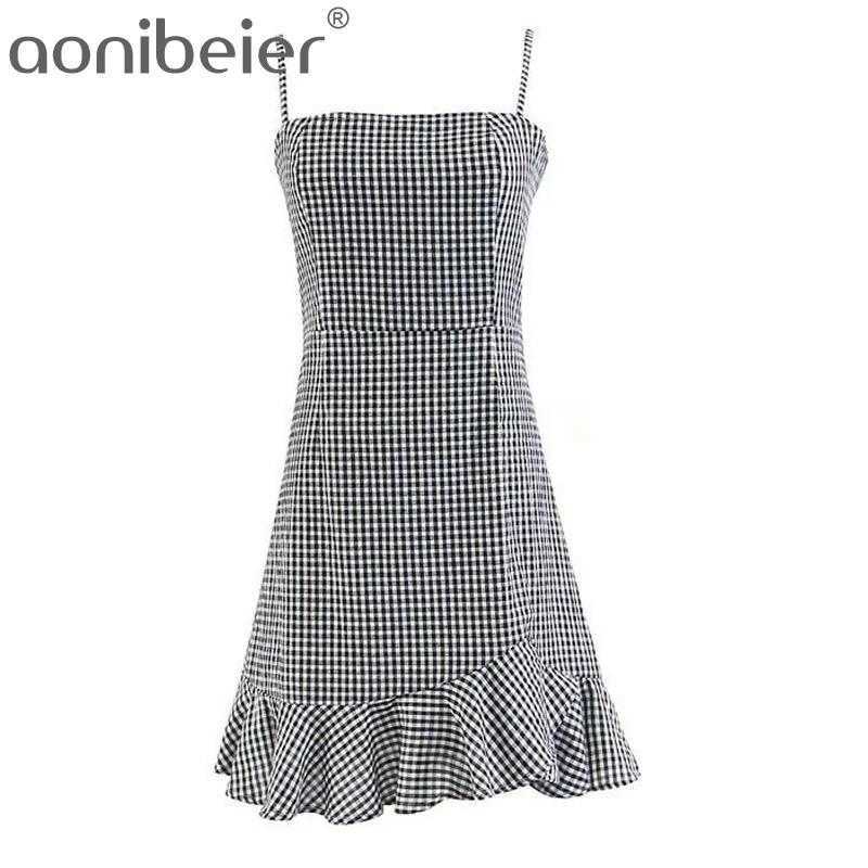 

Checked Dress Summer Sleeveless Irregular Ruffles Spaghetti Strap High Waist Slim Mini Plaid Women Mermaid 210604