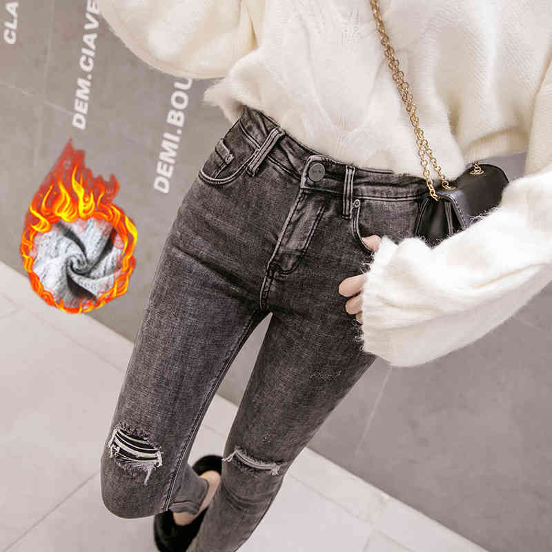 

Autumn and Winter High-waist Jeans Women Plus Velvet Slimming Skinny Pants Trousers 210429, Black