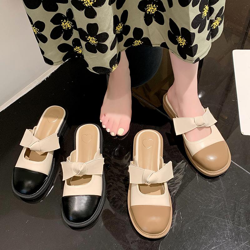 

Slippers Shoes Mules For Women 2021 Soft Cover Toe Square Heel Slides Fashion Loafers Pantofle Low Butterfly-Knot Comfort Summer
