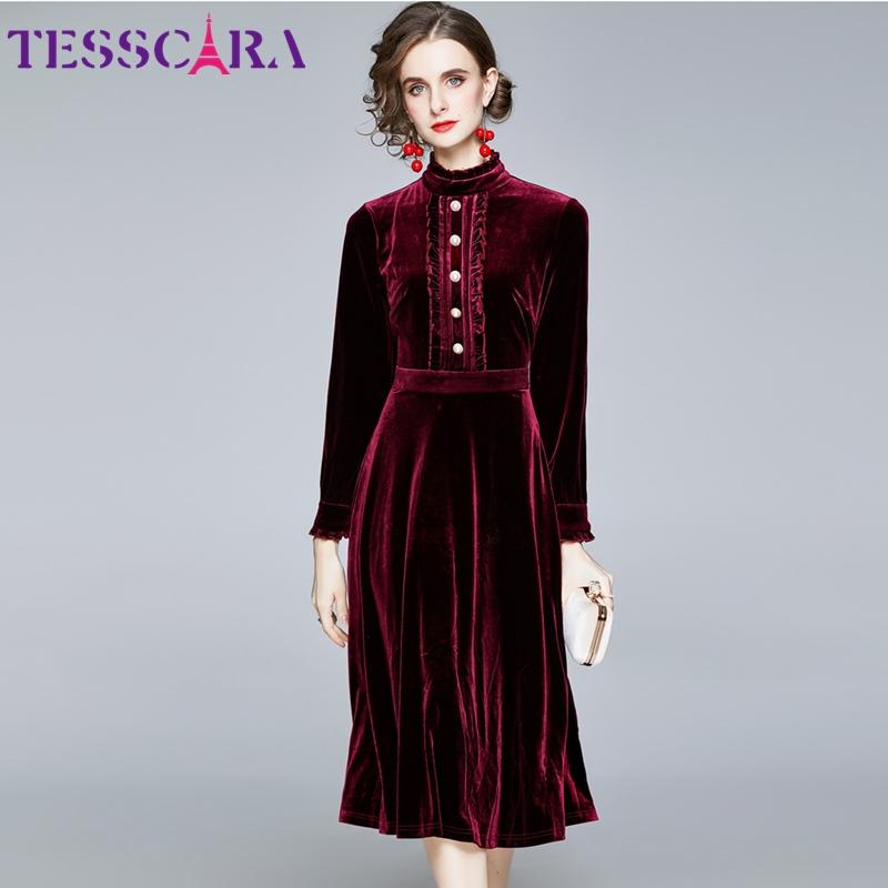 

Women Autumn & Winter Elegant Velvet Dress Festa High Quality Long Vintage Office Party Robe Femme Designer Vestidos Casual Dresses, Black;gray