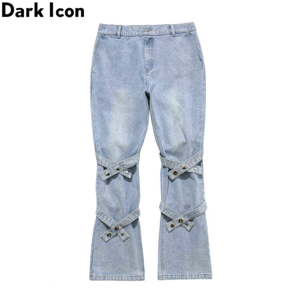 

Band on Knee Flare Jeans Men Women Street Fashion Men's Denim Pants Black Blue 210603