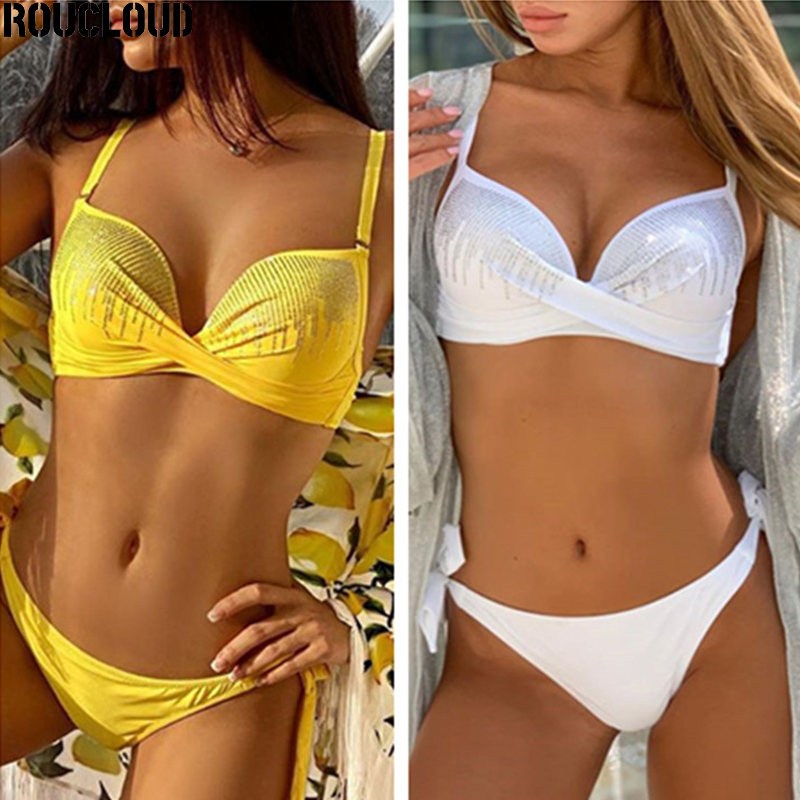 

Bikinis 2021 Swimwear Women Swimsuit Push Up Bikini Set Solid Color Shiny Swimming Suit Two-pieces Bathing Suit, White