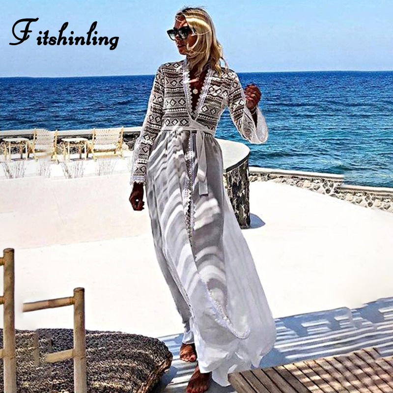 

Fitshinling Patchwork Lace Long Kimono Bikini Cover Up Swimwear Women Flare Sleeve Bohemian Cardigan White Sexy Swimsuit Outing