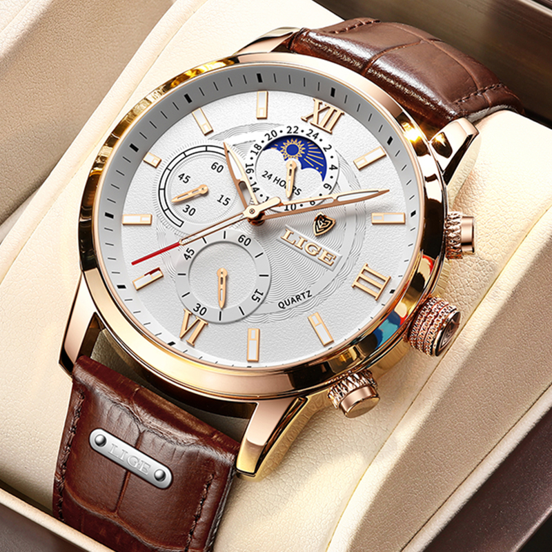 

2021 LIGE Watches Mens Top Brand Luxury Clock Casual Leathe 24Hour Moon Phase Men Watch Sports Waterproof Quartz Chronograph+Boxg, Rose gold white