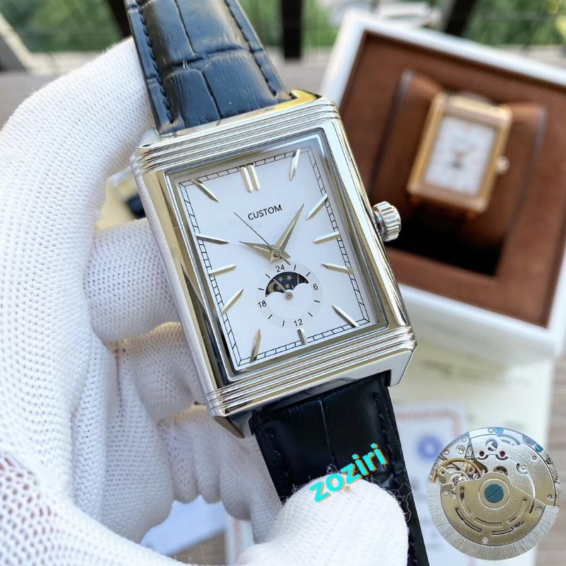 

Wristwatches Men Automatic Mechanical Watch Moon Phase And Sun Turning Stainless Steel Black Leather Rectangle Clock 40mm, Black white silver