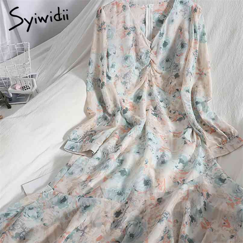 

Floral Print High Waist Dresses Women Long Sleeve Ruffles Spliced V-Neck A-line Bow Lace Up Clothes Summer Fashion 210607, Yellow